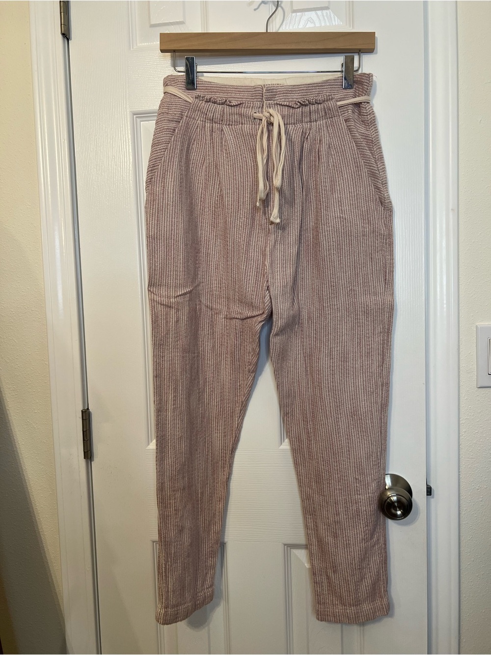 Free People Striped Drawstring Trousers in Dusty Rose Oversized